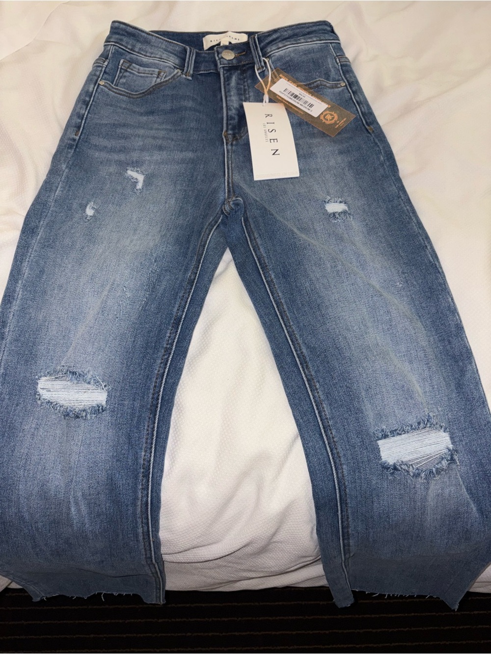 Risen Women's Cropped Distressed Mid-Blue Jeans